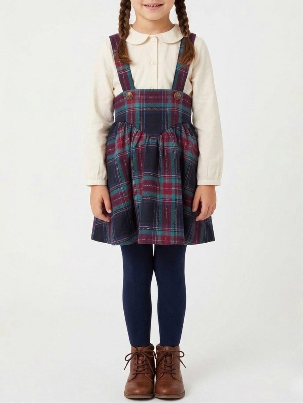 Vtg Handcrafted Navy, Burgundy & Teal Wool Tartan Plaid Suspender Skirt Jumper M